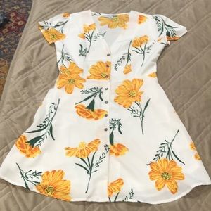 White floral button front short sleeve mini dress